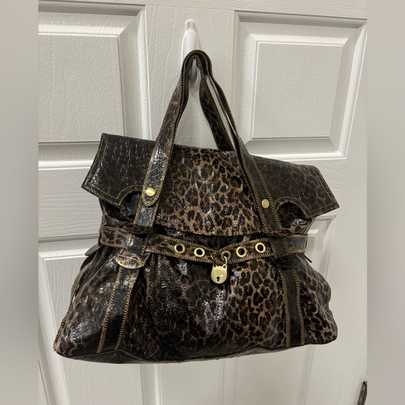 Charlie Lapson Croc Leopard Textured Print Satchel Bag Brass Hardware - Picture 10 of 16